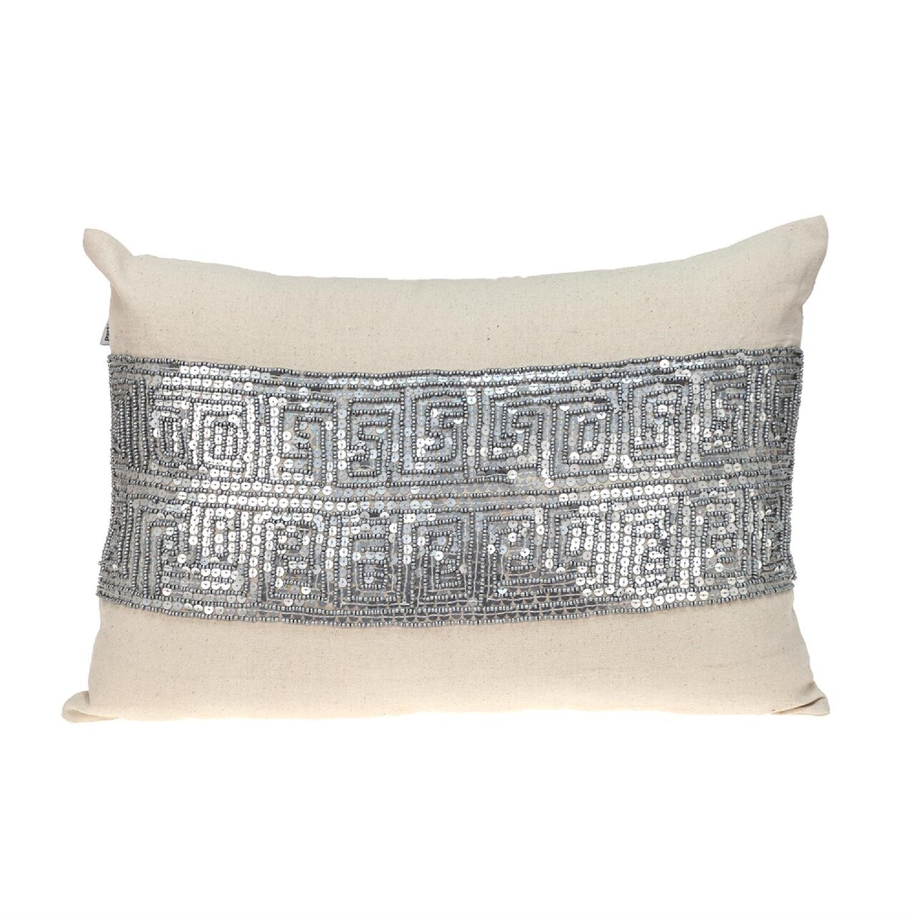 Nassau Collection 20" Beige and Silver Contemporary Embroidered Throw Pillow